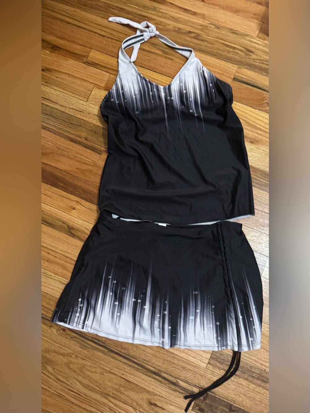 Halter Tankini Top and Swim Skirt Set - Black & White